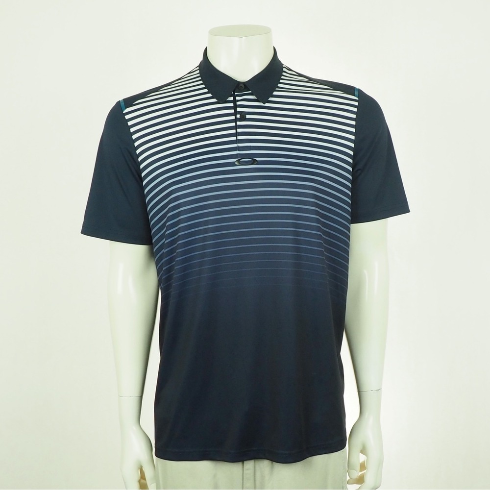 Oakley Golf Striped Ellipse Polo Shirt Mens Medium Navy Blue Regular Fit Fathom